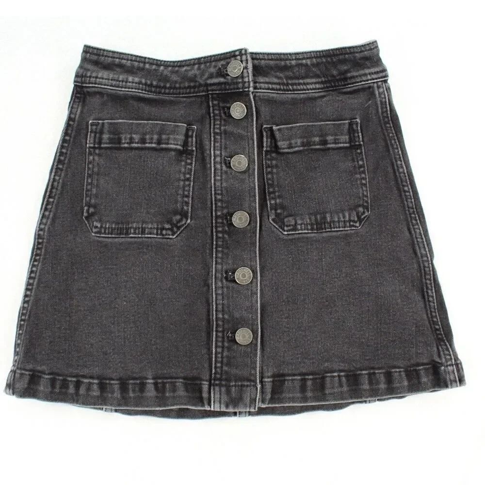 MADEWELL Women's Black Rigid Denim A-Line Button Down 100% Cotton Skirt Size 0